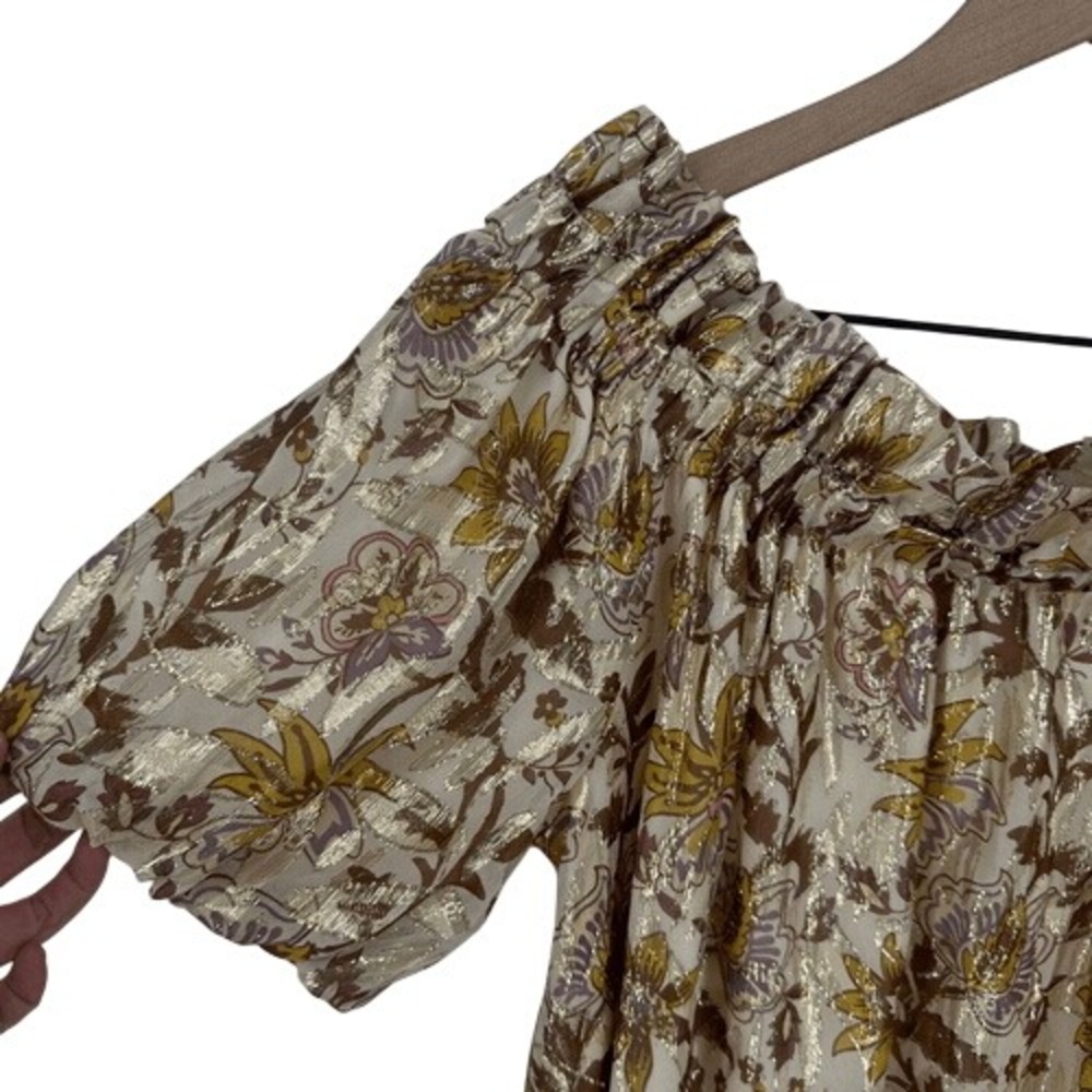 Sezane Rosita Dress in Miranda 40 US 8 Gold Floral Silk Metallic Off Shoulder - Picture 7 of 12